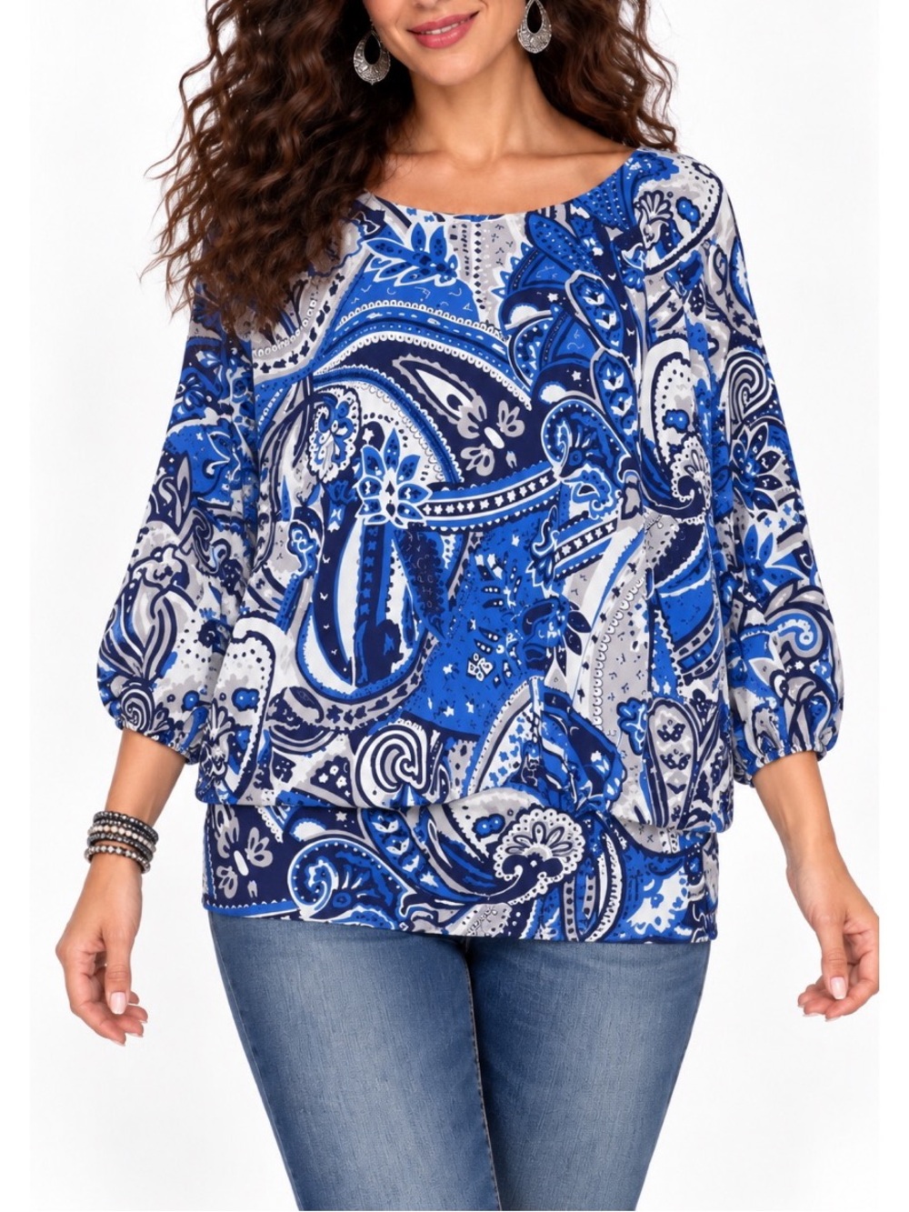 Studio Works blue and white paisley print blouse, size large